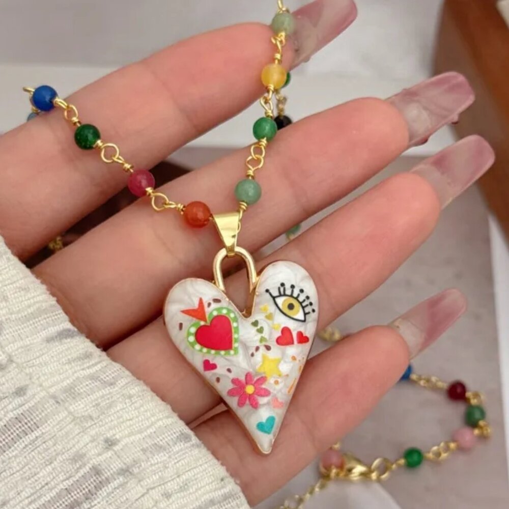 18K Gold Plated Copper Artistic Heart Pendant Bead Chain Necklace